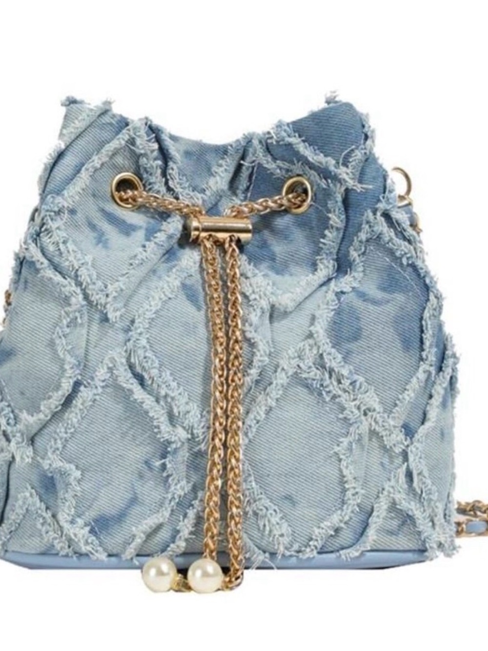 Denim Blue Frayed Patchwork Bucket Bag with Gold Chain Brand New W/O Tag